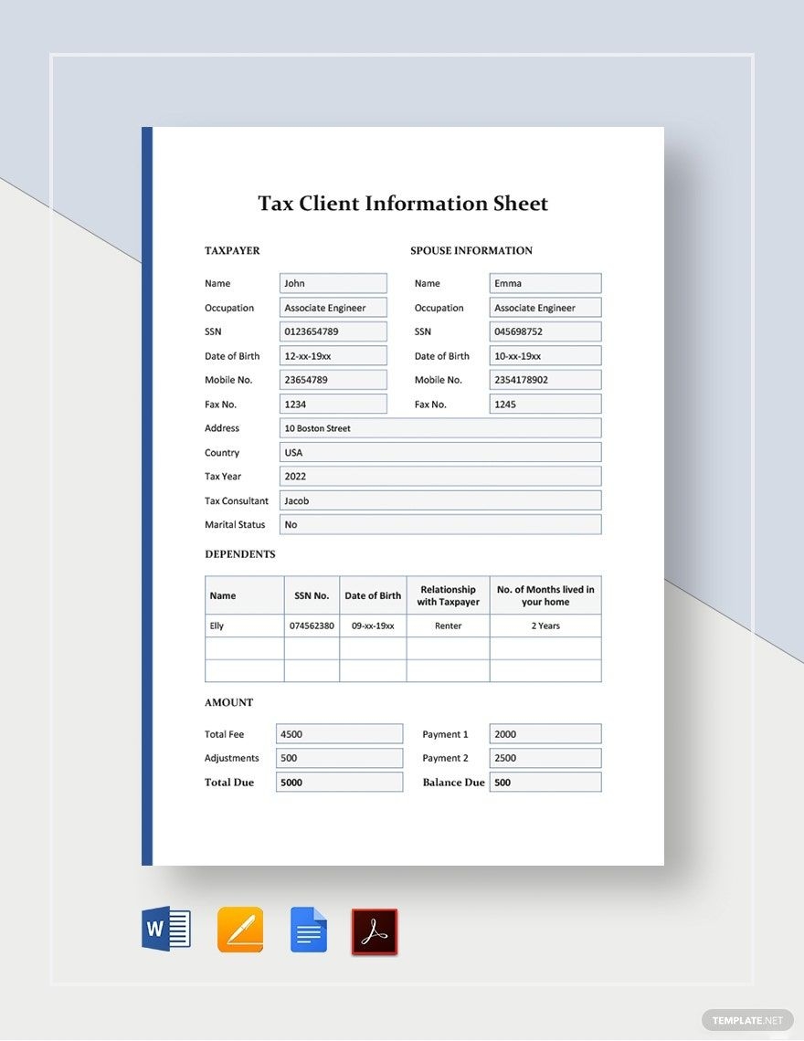 Tax Client Information Sheet Template In Google Docs Word Pages
