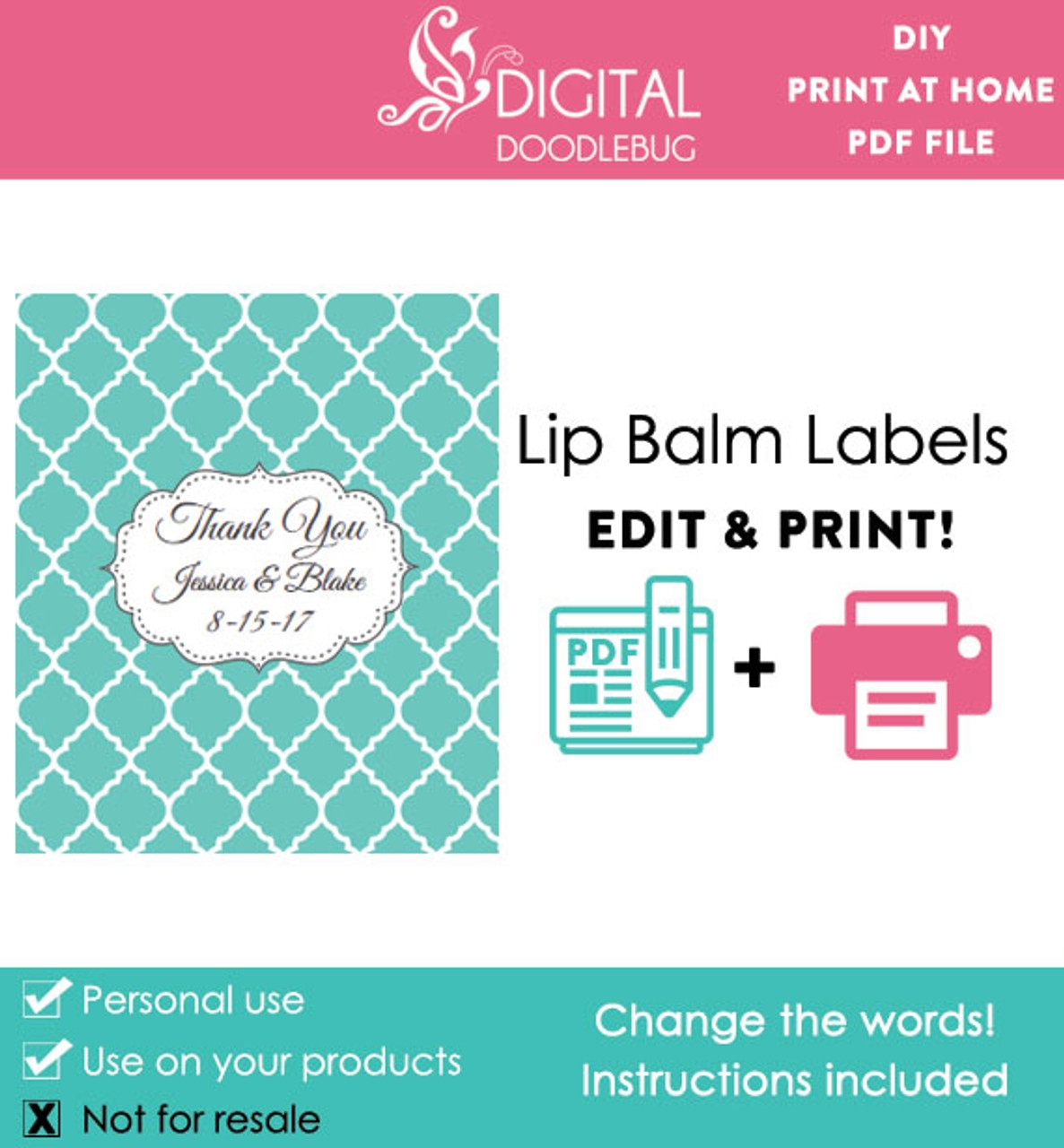 Teal Quatrefoil Printable Lip Balm Label Template Editable PDF