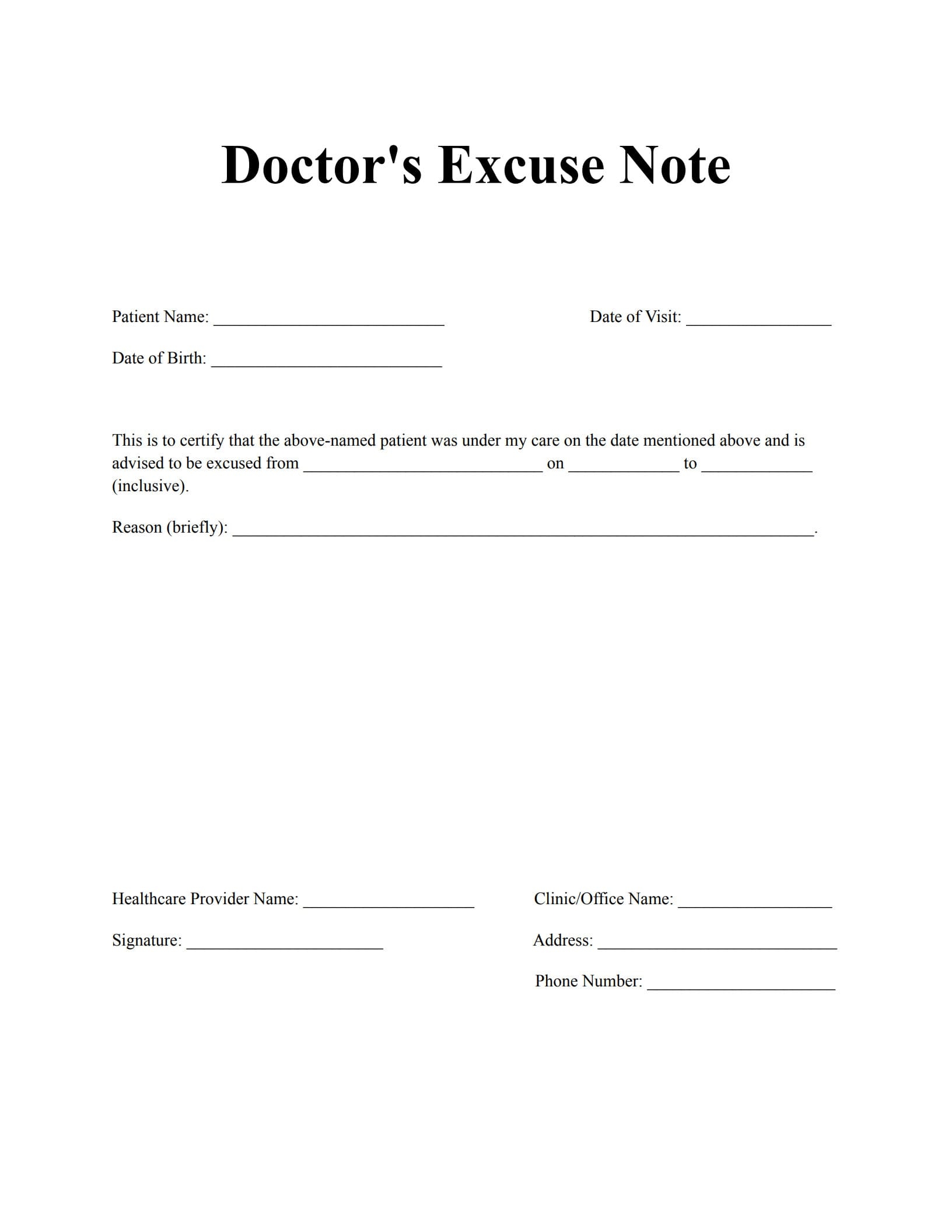 Free Printable Doctors Note For Work Template
